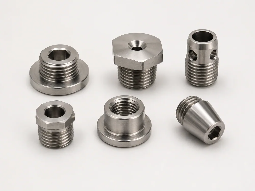 Threaded CNC turned plugs with machined features