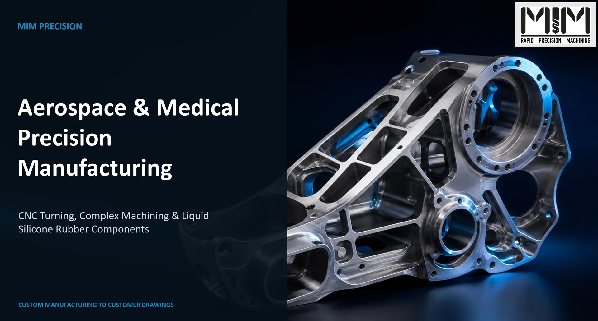 MIM Machining aerospace and medical precision manufacturing banner featuring a CNC machined component
