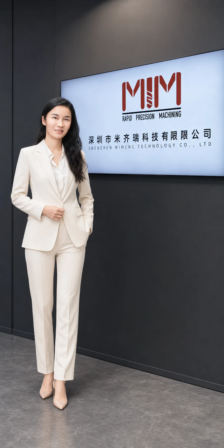 Full-length portrait of Julie Cai at MIM Machining